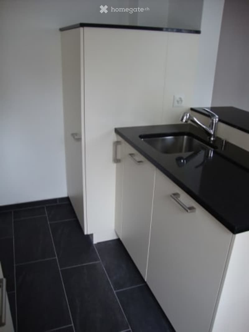 Modern kitchen with white cabinets, black countertop, and stainless steel sink.