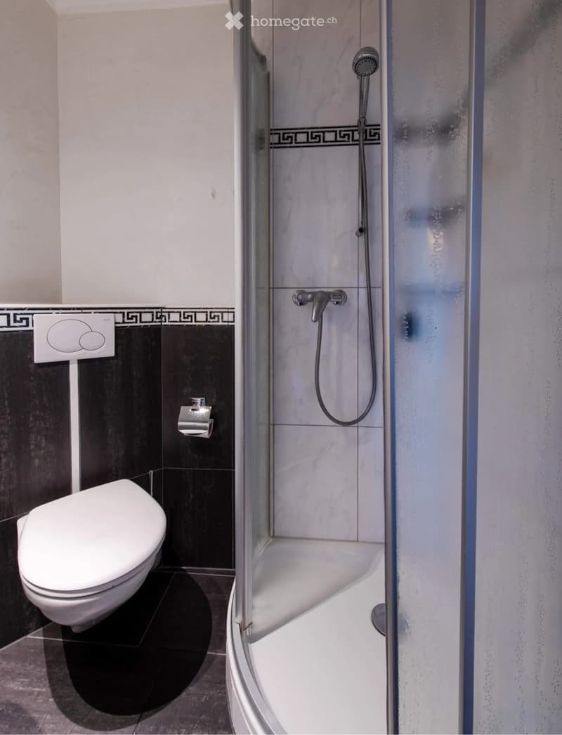 Modern bathroom with a white toilet, glass-enclosed shower, and black and white tiled walls.