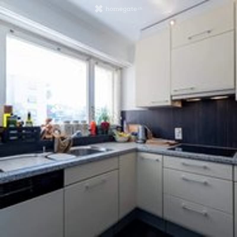 Modern kitchen with white cabinets, stainless steel appliances, and a large window overlooking a cityscape. The countertop features a sink, faucet, and various kitchen items.