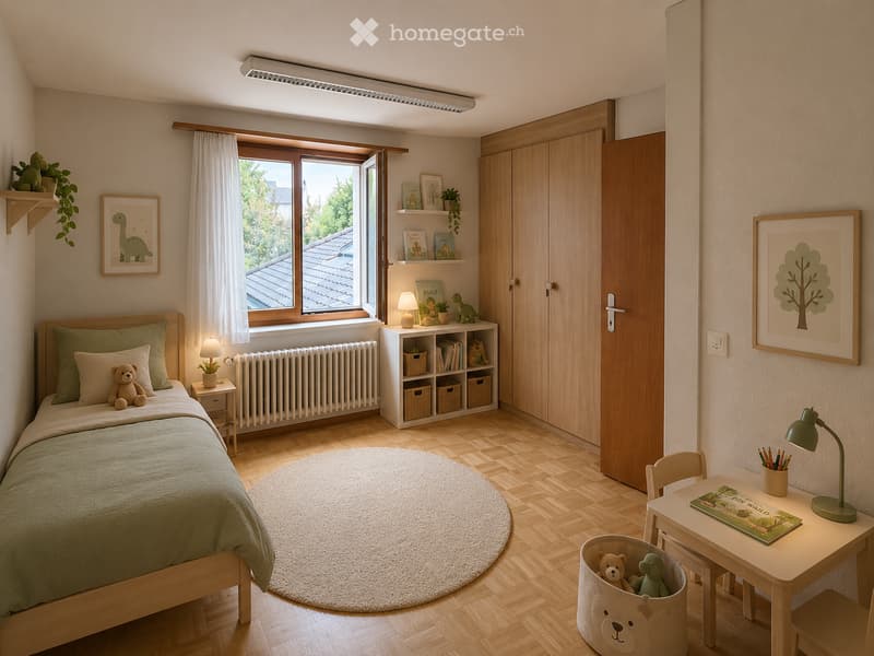 Cozy children's bedroom with a single bed, small desk, round rug, and built-in shelving unit. Features a window with white curtains, framed artwork, and decorative plants.