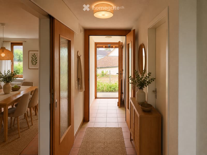 Bright hallway with wooden doors, tiled floor, and a view to an outdoor area. Features include a round woven rug, a small wooden side table with a vase and bowl, and a framed picture on the wall.