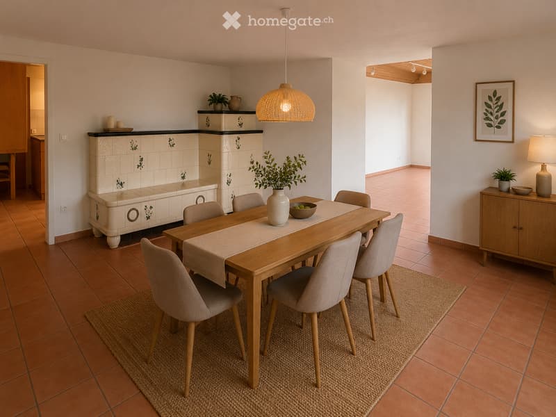 Dining room with wooden table, six chairs, vase with plant, bowl, cabinet, lamp, and picture frame on the wall.