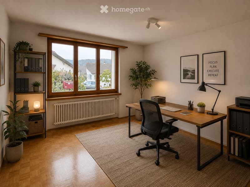 A modern, well-lit home office with a wooden desk, ergonomic chair, laptop, desk lamp, printer, shelves with binders and books, and decorative plants.