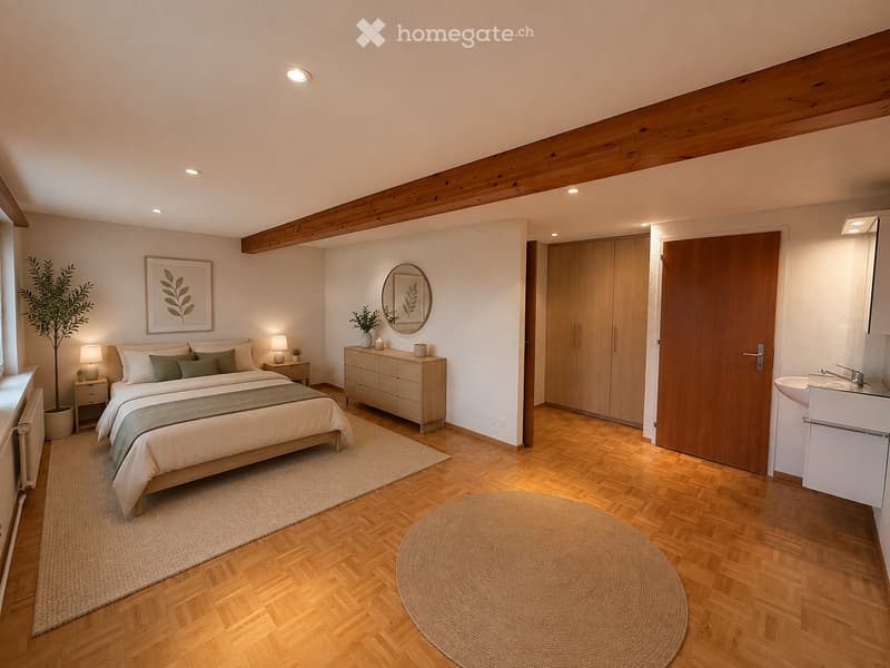 Modern bedroom with wooden flooring, a large bed with pillows and blankets, nightstands with lamps, a dresser, a wardrobe, a sink, and decorative elements including a framed picture and plants.