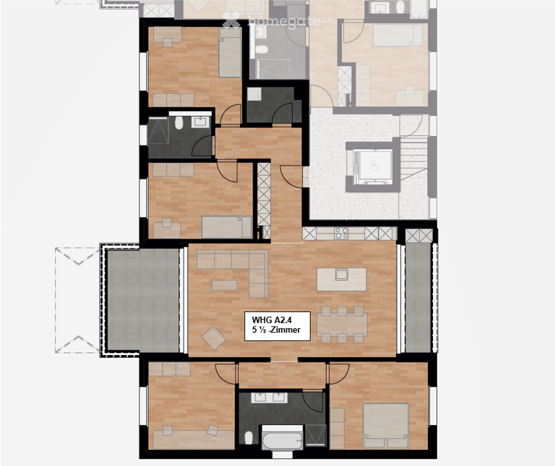Floor plan of a multi-room apartment with a living area, kitchen, bedrooms, bathrooms, and a balcony.
