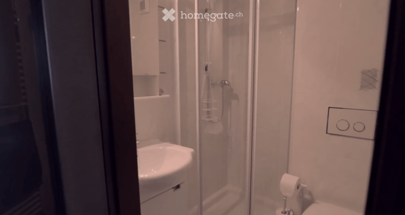 Modern, compact bathroom with a glass-enclosed shower, a sink, and a toilet. The shower features a handheld showerhead and a built-in shelf. The walls are white, and the floor appears to be tiled.
