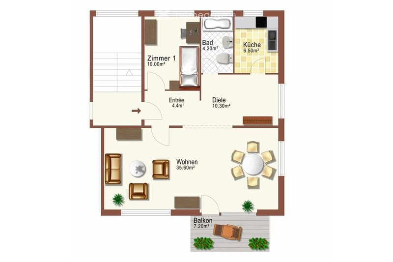 Floor plan of a 2-room apartment with a living area, bedroom, kitchen, bathroom, and balcony.
