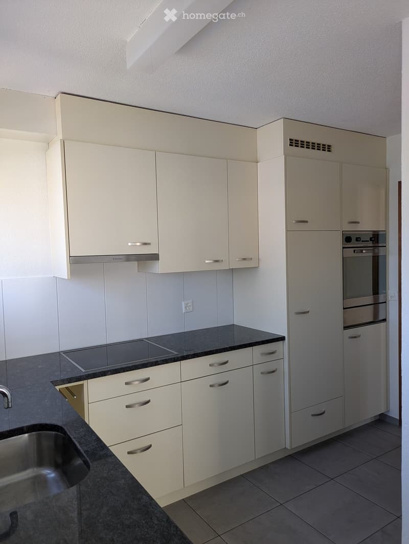 Modern kitchen with light-colored cabinets, stainless steel appliances, and a dark countertop.