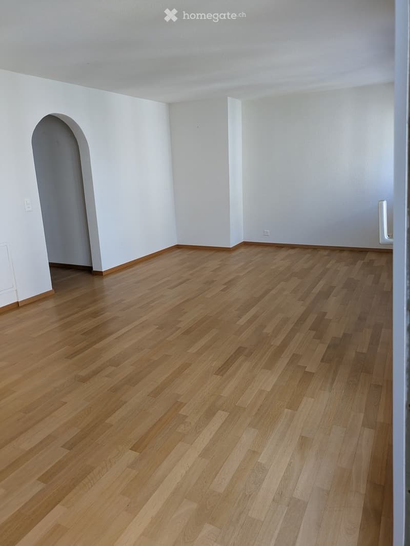 Empty room with light wooden flooring and white walls, featuring an arched doorway on one side.