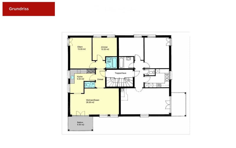 Floor plan showing a 3-room apartment with living/dining area, kitchen, bedroom, bathroom, and balcony.