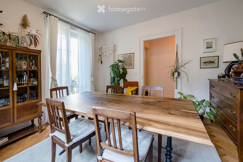 Dining room with a wooden dining table and chairs, a wooden cabinet, a lamp, and several plants.