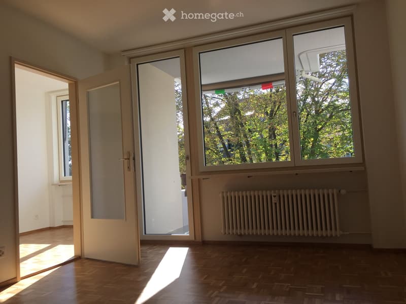 Large windows, balcony, white radiator, wooden floor, sliding doors