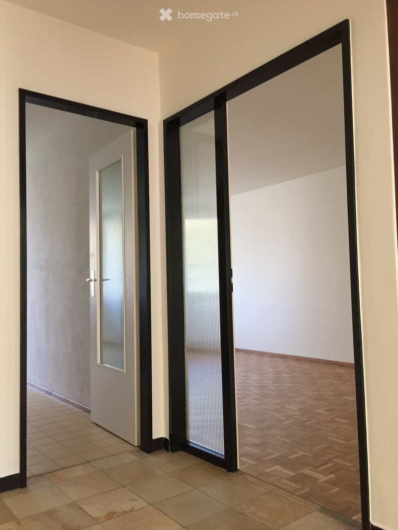 Empty room with double sliding doors, one is white and the other is black