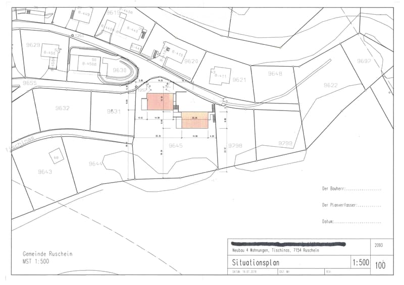 Site plan showing property boundaries, building outlines, and surrounding land plots with measurements and labels.