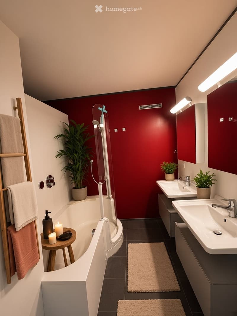 Modern bathroom with a white bathtub, double sink vanity, large mirror, and decorative elements including towels, candles, and plants.