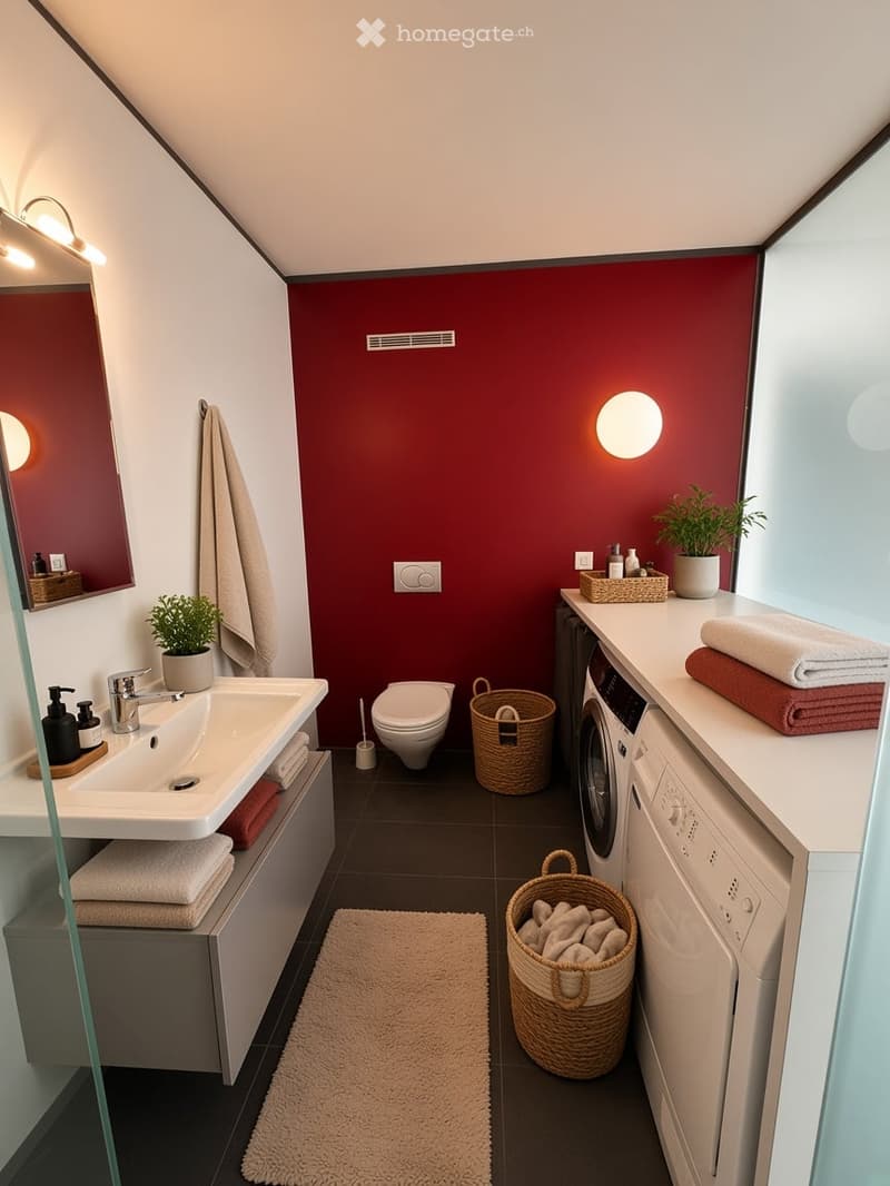 Modern bathroom with red accent wall, white sink, mirror, toilet, washing machine, and dryer. Features wicker baskets, plants, and neatly arranged towels.