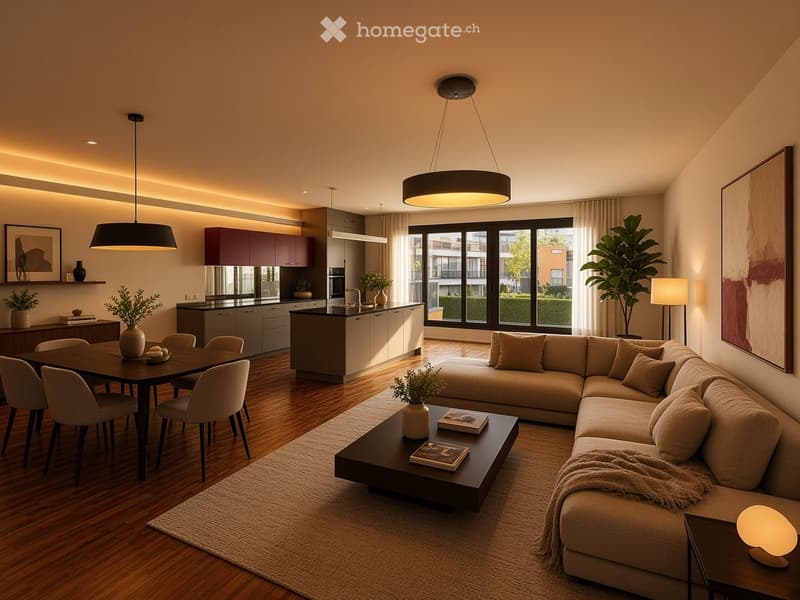 Open-concept living and dining area with modern furniture, pendant lights, large windows offering a view, and a sleek kitchen area.