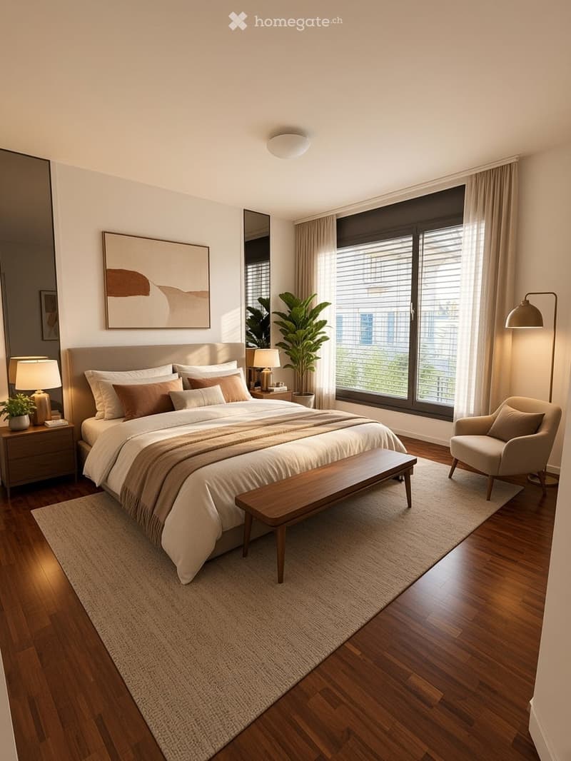 Modern bedroom with a large bed, nightstands, lamps, a bench, a chair, and a plant near the window.