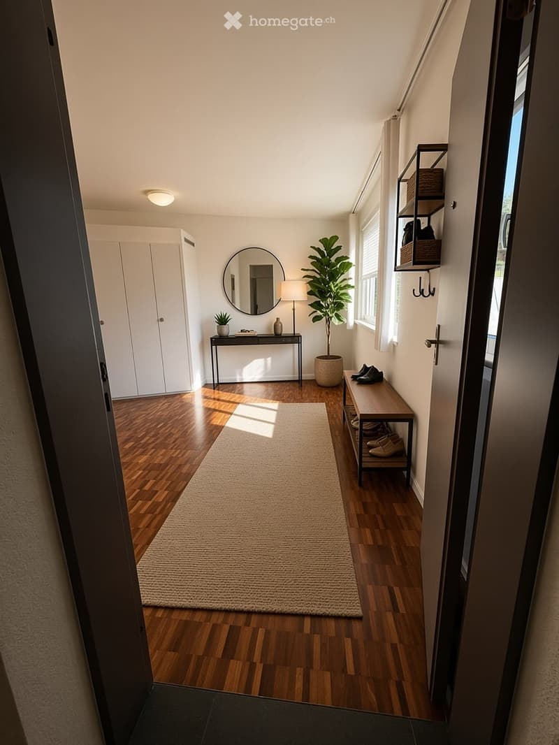 A well-lit hallway with wooden flooring, a small table with a lamp and plant, a mirror, and a shoe rack with shoes.