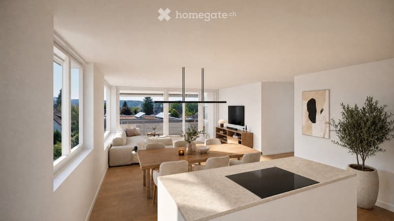 Open-plan living and dining area with modern furniture, large windows, and a kitchen island.