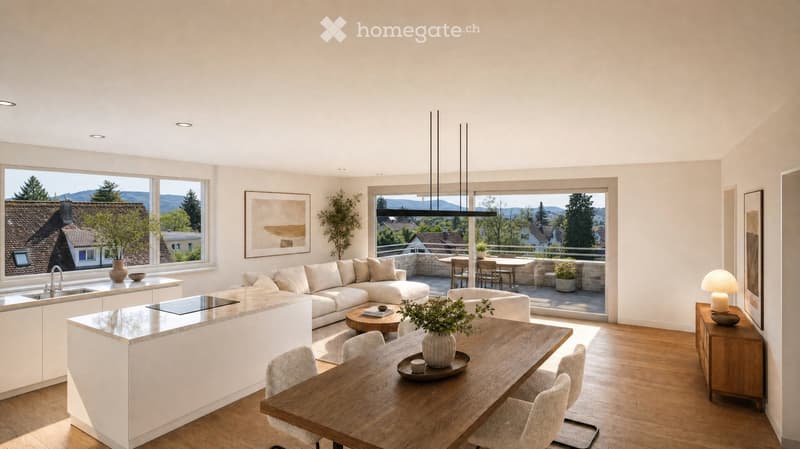 Bright, open-plan living and dining area with white walls, wooden flooring, large windows, and a balcony overlooking a scenic view. Features include a white sectional sofa, a wooden coffee table, a dining table with chairs, a modern kitchen island, and de