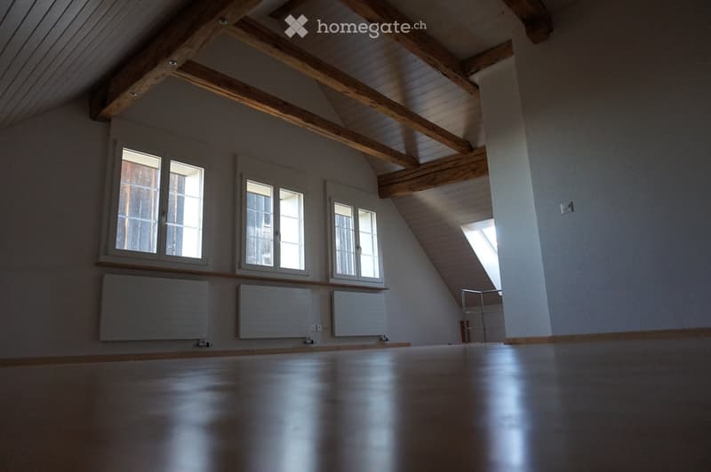 Empty attic space with wooden beams, exposed wooden ceiling, large windows, and radiators along the wall.