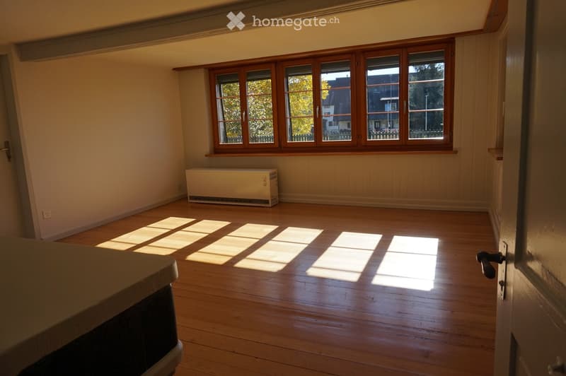 Empty room with wooden flooring, large windows with wooden frames, radiator, and natural light streaming in.