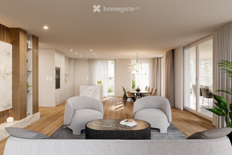 Modern living and dining area with light wood flooring, grey sofa, coffee table, dining set, and kitchen area with white cabinets and an oven. Large windows with curtains and a plant near the window.