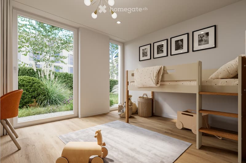 Bright, modern bedroom with a bunk bed, a wooden chair, a toy horse, and several picture frames on the wall. The room features large windows with a view of a garden.