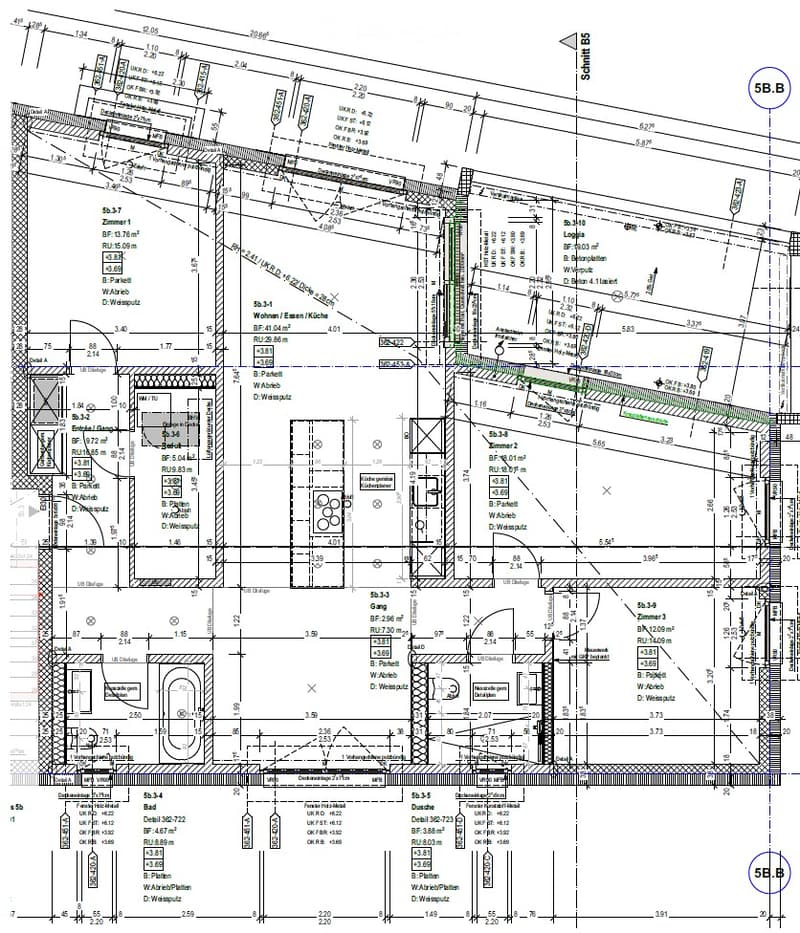 Floor plan of a multi-room residential space, including living room, kitchen, bedrooms, bathrooms, and hallway.