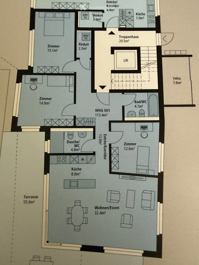 Floor plan of a 113.4 m² apartment with multiple rooms including living/dining area, kitchen, bedrooms, bathrooms, and a terrace.
