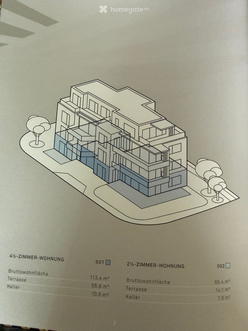 3D floor plan of a multi-story building with labeled apartments, terraces, and basements. Includes a 4.5-room apartment (113.4 m²), a 2.5-room apartment (66.4 m²), and surrounding trees.