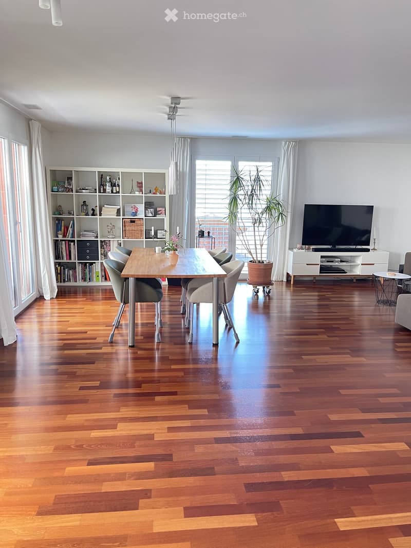 Spacious dining area with wooden flooring, a dining table surrounded by chairs, a bookshelf filled with books and decorative items, a television on a stand, and a potted plant near the window.