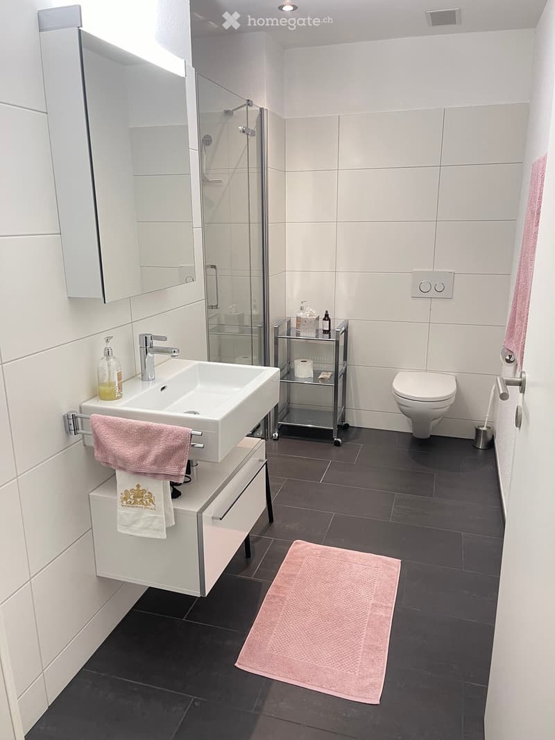 Modern bathroom with white tiles, a sink with a mirror, a toilet, a small cart with toiletries, and a pink towel on the floor.