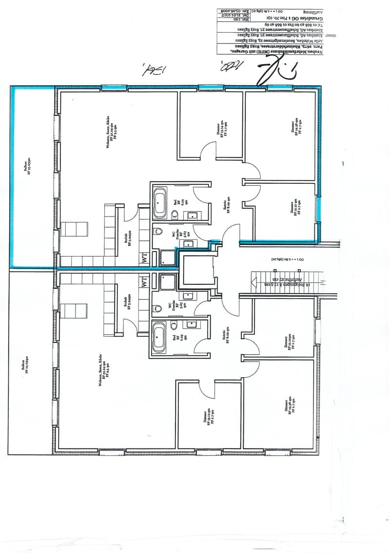 Floor plan of a residential unit with two bedrooms, two bathrooms, a living area, and a balcony.