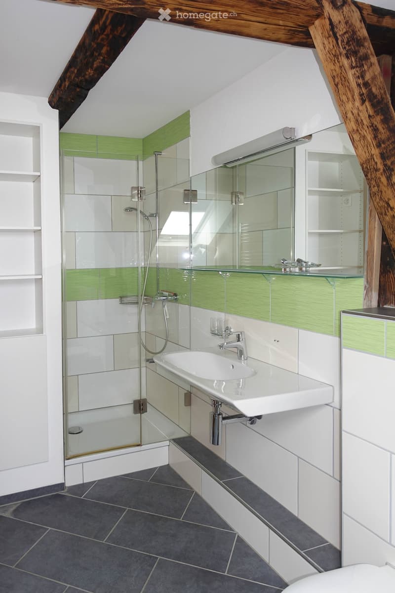 Modern bathroom with white tiles, glass shower enclosure, sink, mirror, and built-in shelves. Features exposed wooden beams on the ceiling.