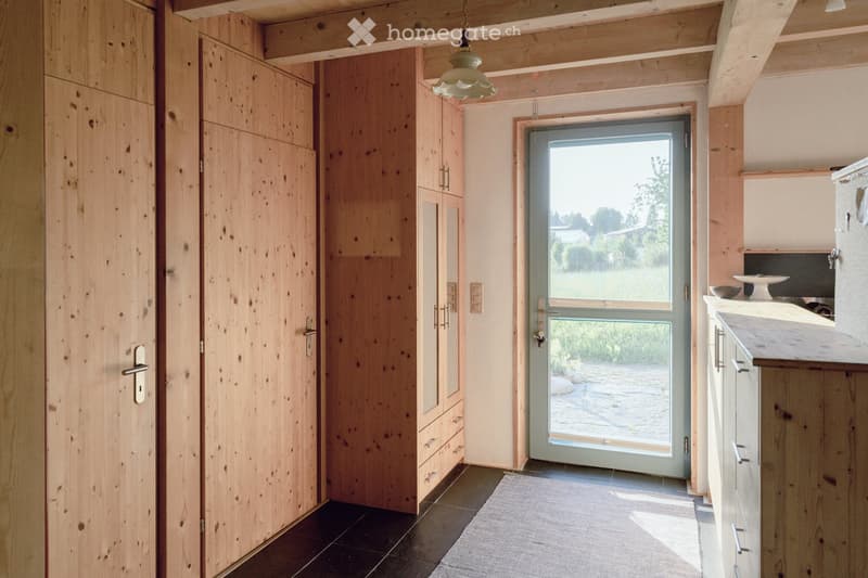 Bright hallway with wooden built-in storage units, a large glass door leading outside, and a small rug on the floor.