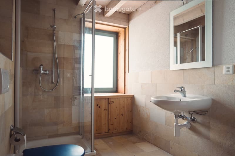 Modern bathroom with a glass-enclosed shower, a sink with a modern faucet, a large mirror, and a wooden cabinet beneath a window.