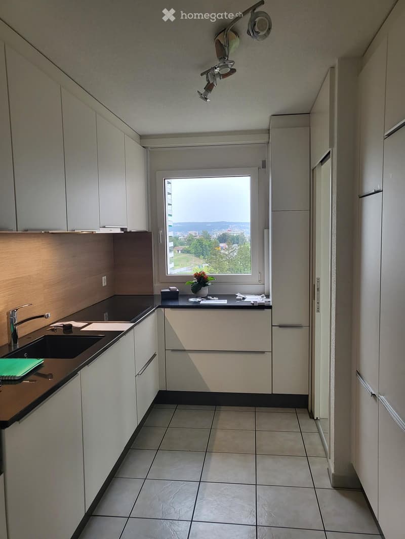 Modern kitchen with white cabinets, dark countertops, and a large window overlooking a green area. Includes a sink, faucet, and a small flower pot on the windowsill.
