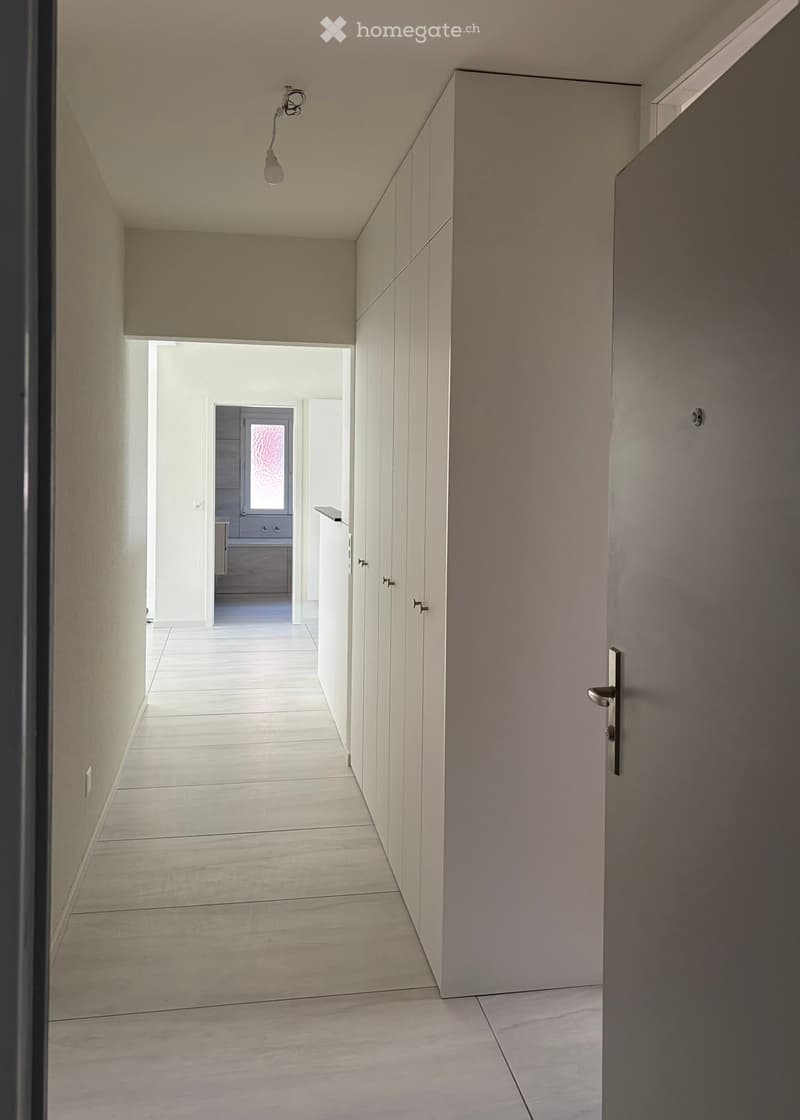 Modern hallway with light-colored walls, tiled floor, built-in cabinets, and a single pendant light fixture.