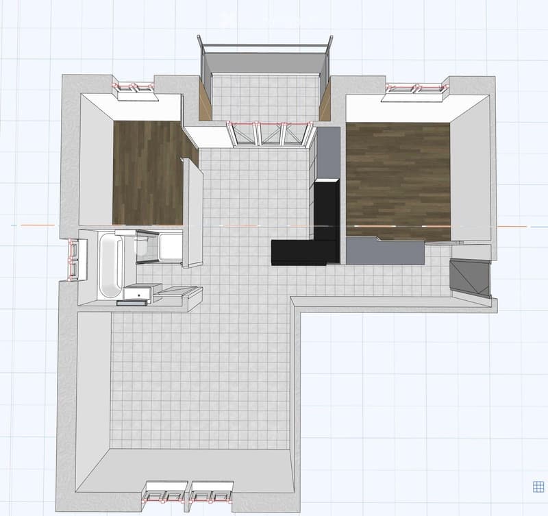 Layout of a modern apartment with a living room, kitchen, bedroom, and bathroom. Features include a raised ground floor, open-plan living and dining area, and a compact kitchen with built-in appliances.