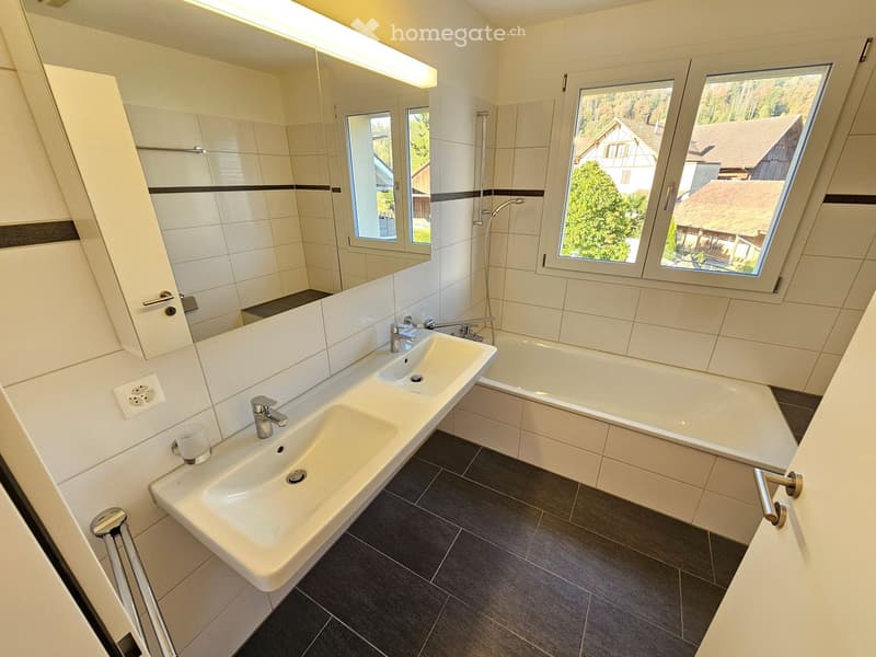 Modern bathroom with two sinks, a bathtub, large windows, and a mirrored cabinet.