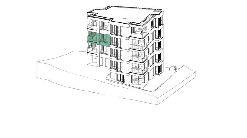 3D rendering of a modern multi-story residential building with balconies and a raised ground floor.
