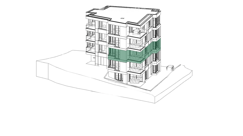 3D rendering of a modern multi-story residential building with balconies and green accents, set on an elevated platform.