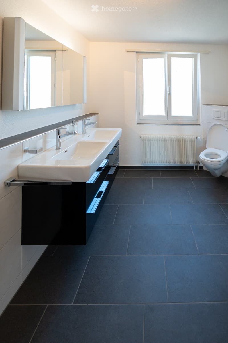 Modern bathroom with dark blue tiles, double sink, mirror, toilet, and radiator.