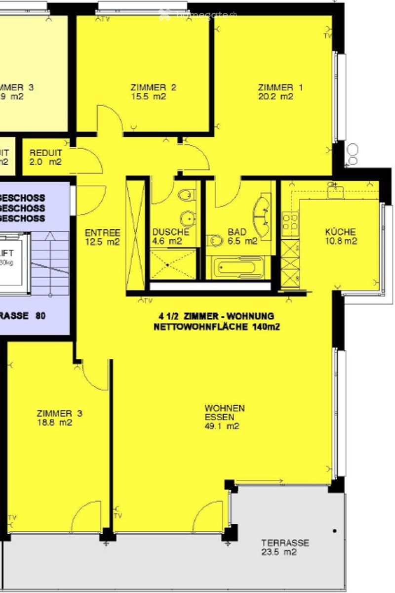 Floor plan of a 4-room apartment with 140 m2 net living area, including living room, dining area, 3 bedrooms, bathroom, shower, kitchen, and a terrace.