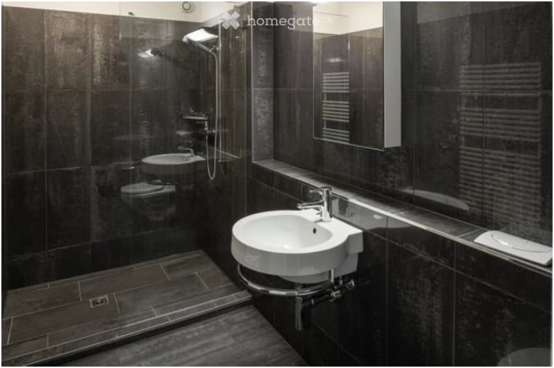 Modern bathroom with dark tiled walls and floor, featuring a white sink with a chrome faucet, a large mirror, and a glass-enclosed shower with a modern showerhead.