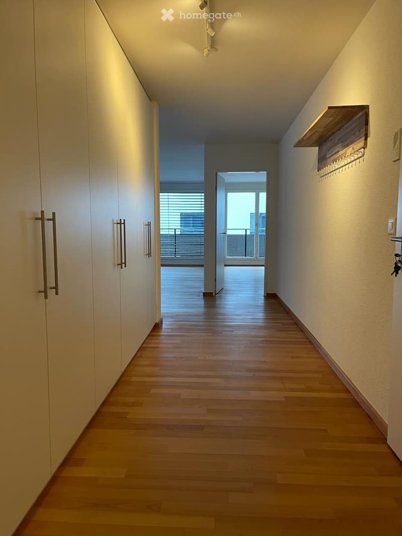 Clean, modern hallway with wooden flooring, white walls, built-in storage units, and a view to a balcony area.