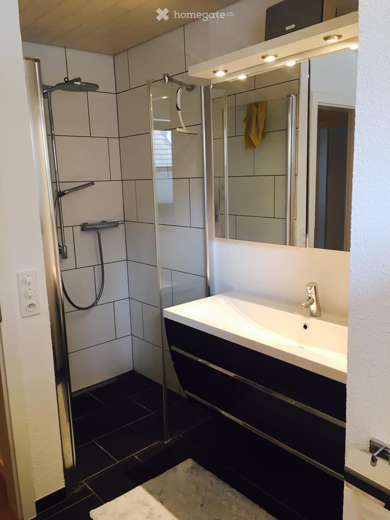 Modern bathroom with a white sink, large mirror with built-in lighting, glass-enclosed shower, and black tiled floor.