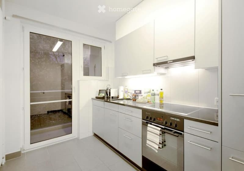 Modern kitchen with white cabinets, stainless steel appliances, and a large window. The counter has various items including an oven mitt, a bottle of oven cleaner, and a small decorative item.